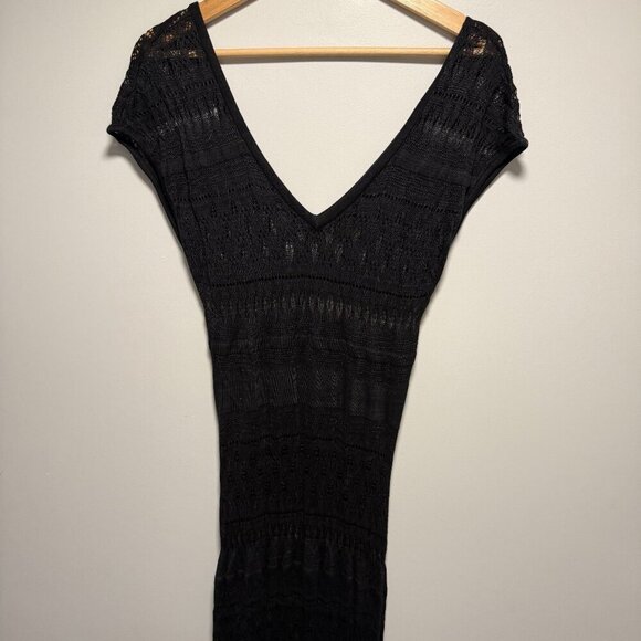 Bebe Black Maxi Crochet Body Con Dress Large Short Sleeve - Picture 2 of 10